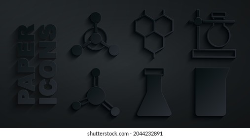 Set Test tube and flask, on stand, Molecule, Laboratory glassware or beaker, Chemical formula and  icon. Vector