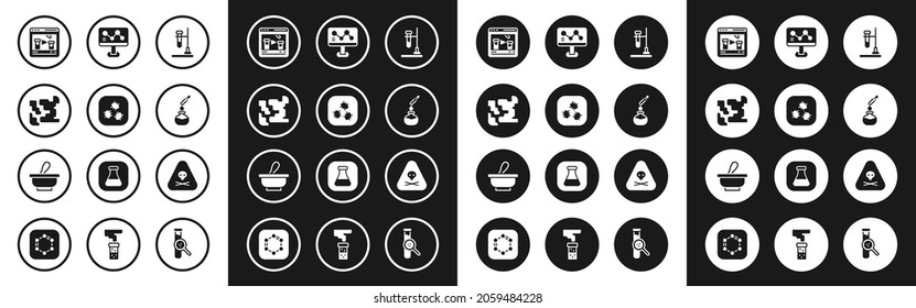 Set Test tube flask on fire, Bacteria, Gaseous, Chemical online, and, formula, Triangle warning toxic and Mortar pestle icon. Vector