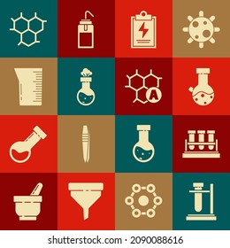 Set Test tube flask on stand, chemical, Laboratory clipboard with checklist, glassware beaker, Chemical formula and  icon. Vector