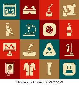 Set Test tube and flask, on fire, Propane gas tank, Microscope, Chemical online and Salt stone icon. Vector