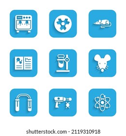 Set Test tube flask on stand, Transfer liquid gun, Atom, Experimental mouse, Clinical record,  and Biosafety box icon. Vector