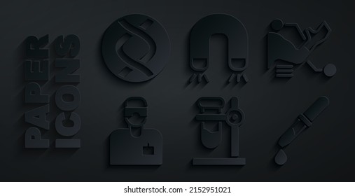Ponga el matraz del tubo de ensayo en el soporte, mano de la prótesis, asistente de laboratorio, Pipeta, icono del símbolo del imán y del ADN. Vector
