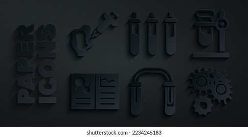 Set Test tube and flask, on stand, Clinical record, Virus, Reagent bottle and Syringe icon. Vector