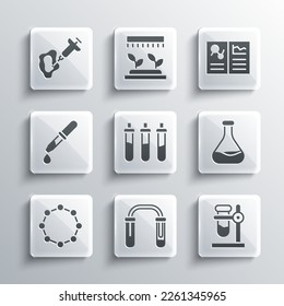 Set Test tube and flask, on stand, Reagent bottle, Chemical formula, Pipette, Syringe and Clinical record icon. Vector
