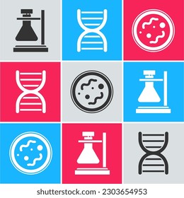Set Test tube flask on stand, DNA symbol and Bacteria icon. Vector
