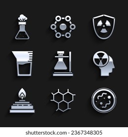 Set Test tube flask on stand, Chemical formula, Bacteria, Human head radiation, Alcohol spirit burner, Laboratory glassware beaker, Radioactive in shield and chemical icon. Vector