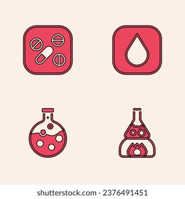 Ponga el matraz del tubo de ensayo en el fuego, la píldora o el comprimido de Medicina, la gota de agua y el icono. Vector