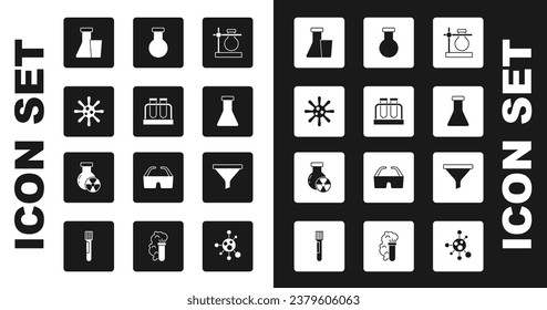 Set Test tube flask on stand, Bacteria, Funnel or filter and radiation icon. Vector