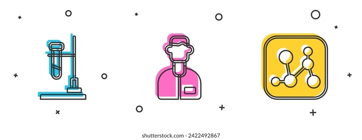 Set Test tube flask on fire, Laboratory assistant and Chemical formula icon. Vector