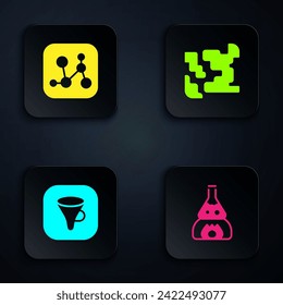 Set Test tube flask on fire, Chemical formula, Funnel filter and Gaseous. Black square button. Vector