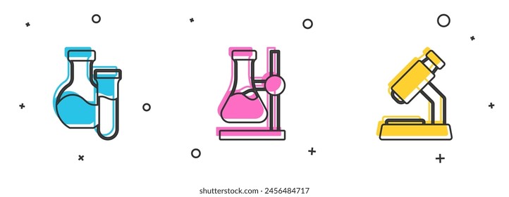Set Test tube, flask on stand and Microscope icon. Vector