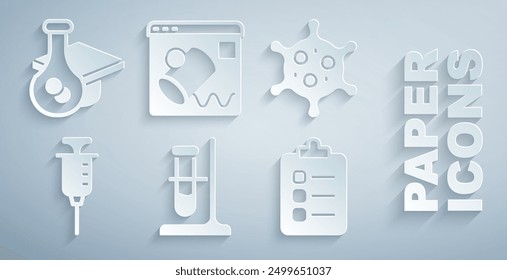 Set Test tube flask on stand, Virus, Syringe, To do list or planning, Data visualisation and Graduation cap icon. Vector