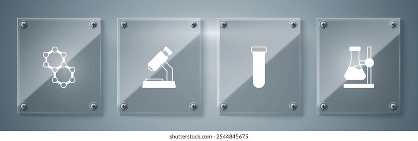 Ajuste el frasco del tubo de ensayo en el soporte, el microscopio y la molécula. Paneles de vidrio cuadrados. Vector