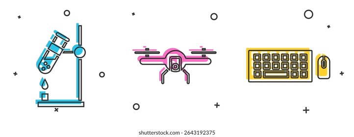 Set Test tube flask on fire, Drone flying and Keyboard and mouse icon. Vector