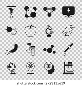 Coloque o frasco de tubo de ensaio no suporte, Pipeta, Planeta Saturno, Molécula, Maçã, Fórmula química, Filtro de funil e ícone de microscópio. Vetor
