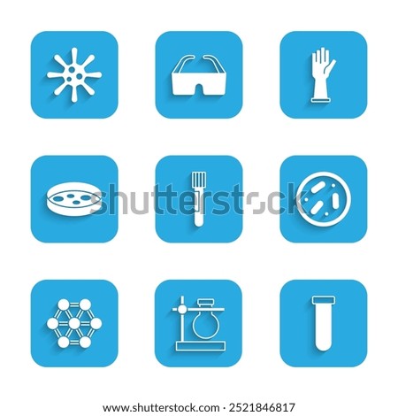 Set Test tube and flask, on stand, Petri dish with bacteria, Molecule, Medical rubber gloves and Bacteria icon. Vector