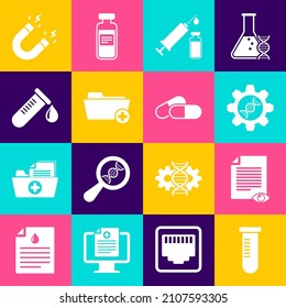 Set Test tube or flask, Paper page with eye, Genetic engineering, Medical syringe and vial, Health record folder and drop of blood icon. Vector