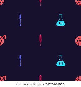 Set Test tube and flask, Pipette, Medical thermometer and Surgery lamp on seamless pattern. Vector