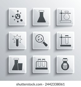Set Test tube and flask, Poison in bottle, stand, Microorganisms under magnifier, Chemical explosion, Molecule and  icon. Vector