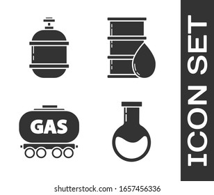 Set Test tube and flask, Propane gas tank, Gas railway cistern and Barrel oil icon. Vector