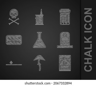 Set Tubo de prueba y matraz, seta de Psilocybin, caja de cigarrillos, lápida con RIP escrita, tubería de opio, blister de píldoras, píldoras para frascos de medicina e icono de los huesos cruzados de cráneo. Vector