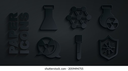 Set Test tube and flask, radiation, Radioactive, Shield protecting from virus, Molecule and  icon. Vector