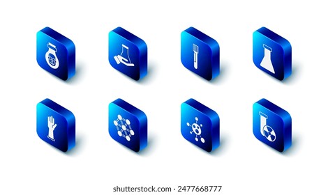Set Test tube and flask, radiation, Molecule, Medical rubber gloves and Poison in bottle icon. Vector