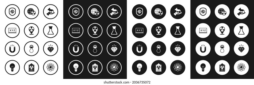 Testrohr und Kolben, Radioactive am Standort, XYZ Coordinate System, Schild zum Schutz vor Viren, Erde-Strahlung, Diamant und Magnet-Icon. Vektorgrafik