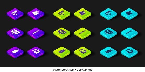 Set Test tube and flask, Radioactive, Chemical formula for H2O,  and radiation icon. Vector