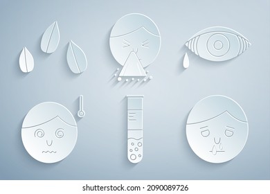 Set Test tube and flask, Reddish eye allergic conjunctivitis, High human body temperature, Runny nose, Handkerchief to his runny and Sesame seeds icon. Vector