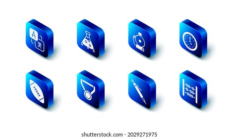 Ajuste el tubo de ensayo y el matraz, Sonido de alarma, Reloj, Abacus, Pluma, Medal, Fútbol americano e icono del Traductor. Vector