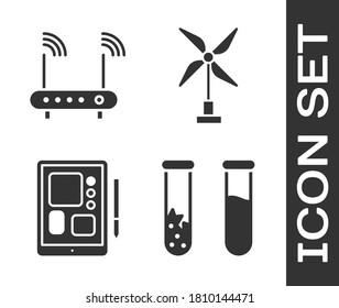 Set Test tube and flask, Router and wi-fi signal, Graphic tablet and Wind turbine icon. Vector