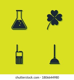 Set Test tube and flask, Rubber plunger, Walkie talkie and Four leaf clover icon. Vector.