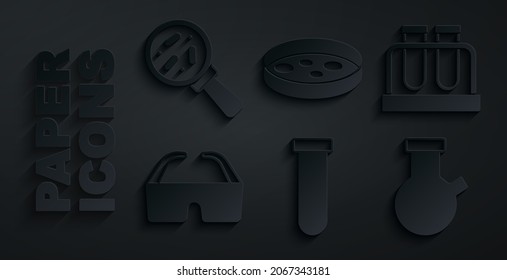 Set Test tube and flask, Safety goggle glasses, Petri dish with bacteria and Microorganisms under magnifier icon. Vector