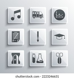 Set Test tube and flask, Scissors, Graduation cap, Paint brush, Pencil sharpener, Exam paper with incorrect answers, Music note, tone and Graph, schedule, chart, diagram icon. Vector