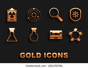 Set Test tube and flask, Shield protecting from virus, Molecule, Equation solution, Magnifying glass, Radiation warning document and Solar system icon. Vector