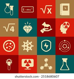 Set Test tube and flask, Solar system, Head radiation symbol, Square root of x glyph, Diamond, 4,  and  icon. Vector