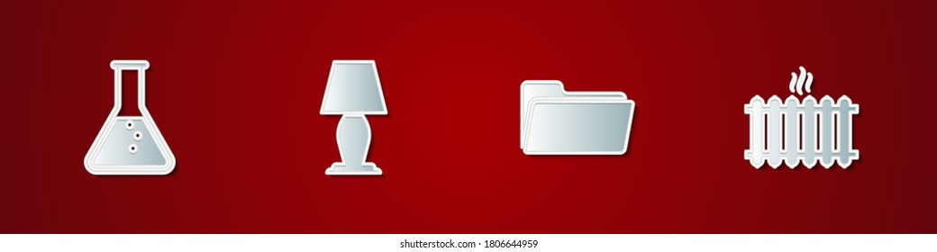 Set Test tube and flask, Table lamp, Folder and Heating radiator icon. Vector.