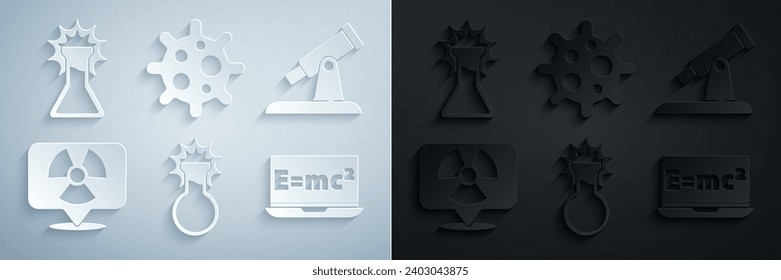 Ajuste el tubo de ensayo y el matraz, el telescopio, la radiactividad en la ubicación, la solución de ecuación, el virus y el icono. Vector