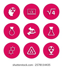 Set Test tube and flask, Triangle with radiation, Radioactive in location, Chemical formula, Square root of 4 glyph and Head symbol icon. Vector