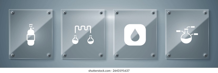 Set Test tube and flask, Water drop,  and Propane gas tank. Square glass panels. Vector