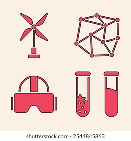 Set Test tube and flask, Wind turbine, Neural network and Virtual reality glasses icon. Vector