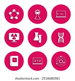 Set Test tube and flask, XYZ Coordinate system, Solar, DNA symbol, Electrical panel, Radioactive location, Equation solution and Molecule icon. Vector