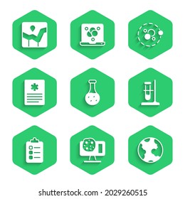 Set Test tube, Genetic engineering, Earth globe, flask on stand, To do list or planning, Patient record, Atom and Graph chart infographic icon. Vector