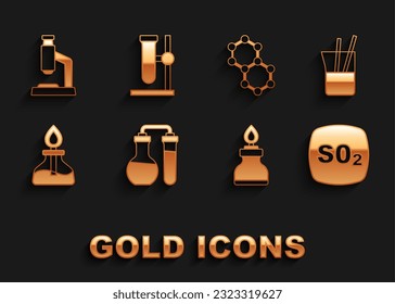 Set Test tube, Laboratory glassware, Sulfur dioxide SO2, Alcohol spirit burner, Molecule, Microscope and flask on stand icon. Vector