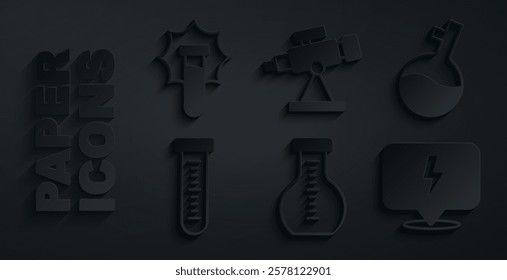 Set Test tube, Lightning bolt, Telescope and Explosion the flask icon. Vector