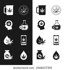 Set Test tube with marijuana, Head in profile, Cup tea, Stop, Marijuana or cannabis leaf oil, Online buying,  and Medical bottle icon. Vector