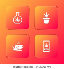 Set Test tube with marijuana, Marijuana plant in pot, Cup tea and Online buying icon. Vector