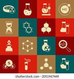Set Test tube, Microorganisms under magnifier, flask on stand, Molecule, Old hourglass, with toxic liquid and Chemical formula icon. Vector