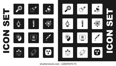 Set Test tube, Microscope, Microorganisms under magnifier, Atom, Genetically modified apple, Pipette and  icon. Vector